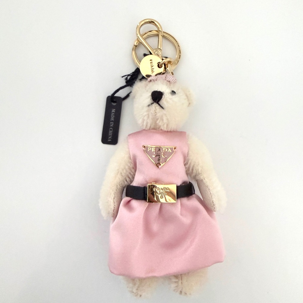 Prada Orsetto Grace Bear Keychain Pink Satin Dress Gold Hardware 1TO067